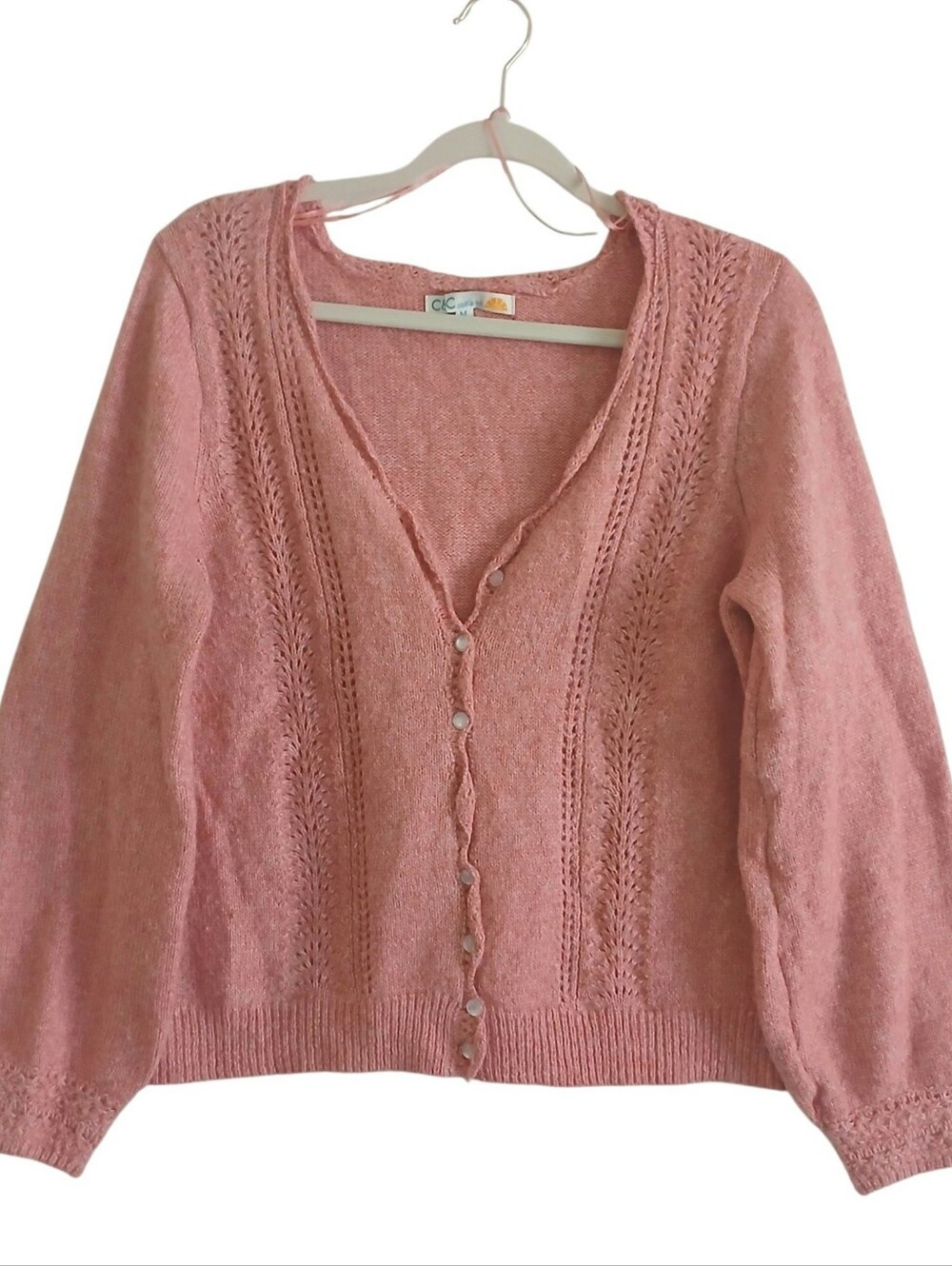 C&C California Oversized Crochet Pointelle Cardigan M Balloon Sleeve Cottagecore